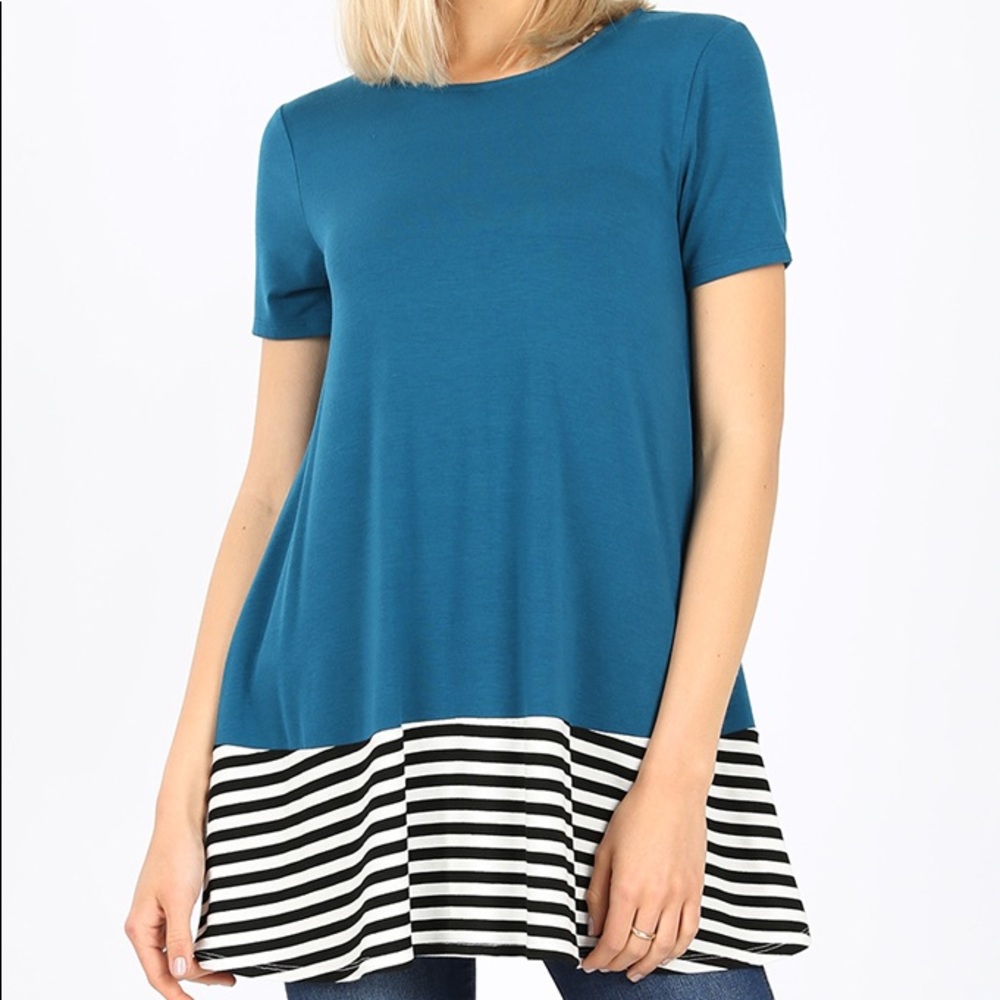 51. Striped solid contrast short sleeve top teal